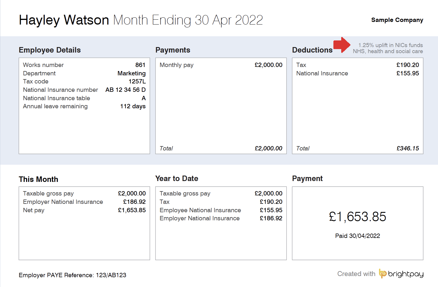 New Health and Social Care Levy Payslip Messaging BrightPay